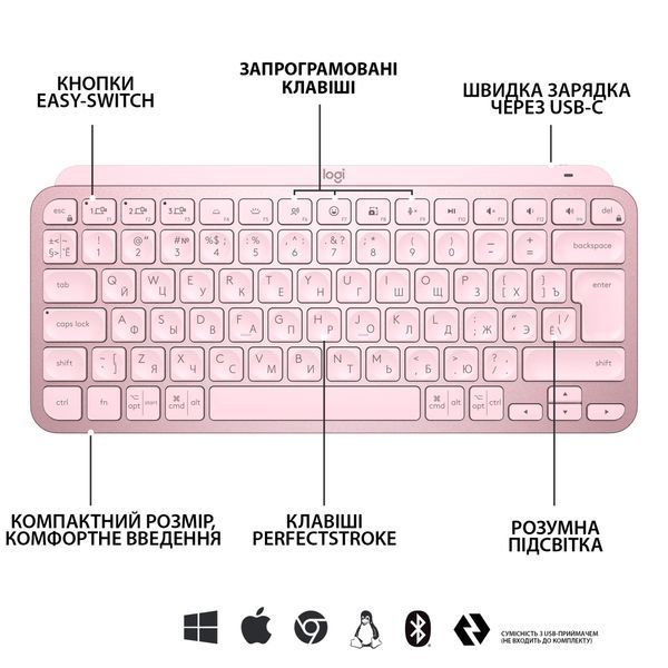 Клавіатура Logitech MX Keys Mini Wireless Illuminated UA Rose (920-010500) 695891 фото