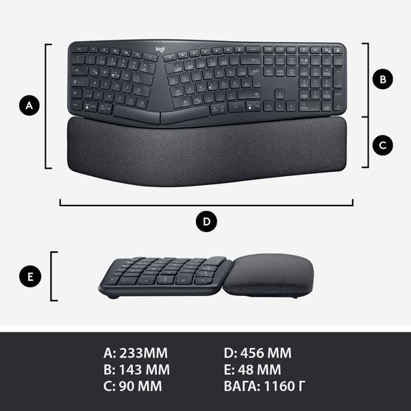 Клавіатура Logitech ERGO K860 for Business Bluetooth/Wireless UA Black (920-010352) 745279 фото