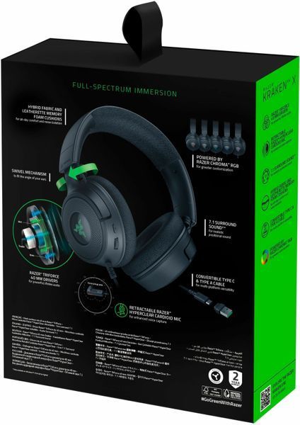 Игровая гарнитура Razer Kraken V4 X, 7.1, USB-A, 1.8 м, RGB (RZ04-05180100-R3M1) RZ04-05180100-R3M1 фото