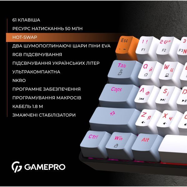 Клавиатура GamePro MK130R Hot-Swap Red Swich RGB USB UA Black (MK130R) 509030 фото